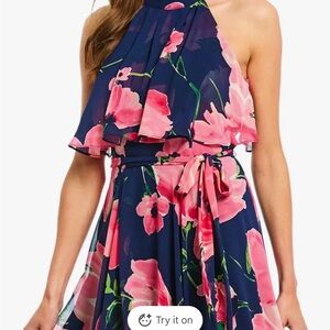 Eliza J Navy Maxi Dress with Pink Floral Print